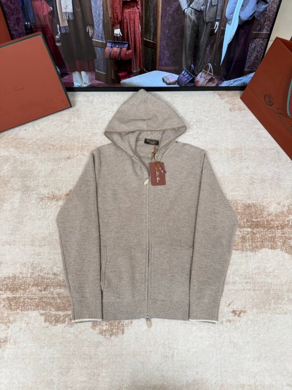 Loro Piana Varallo Cashmere Full Zip Hooded Sweater Beige Size
